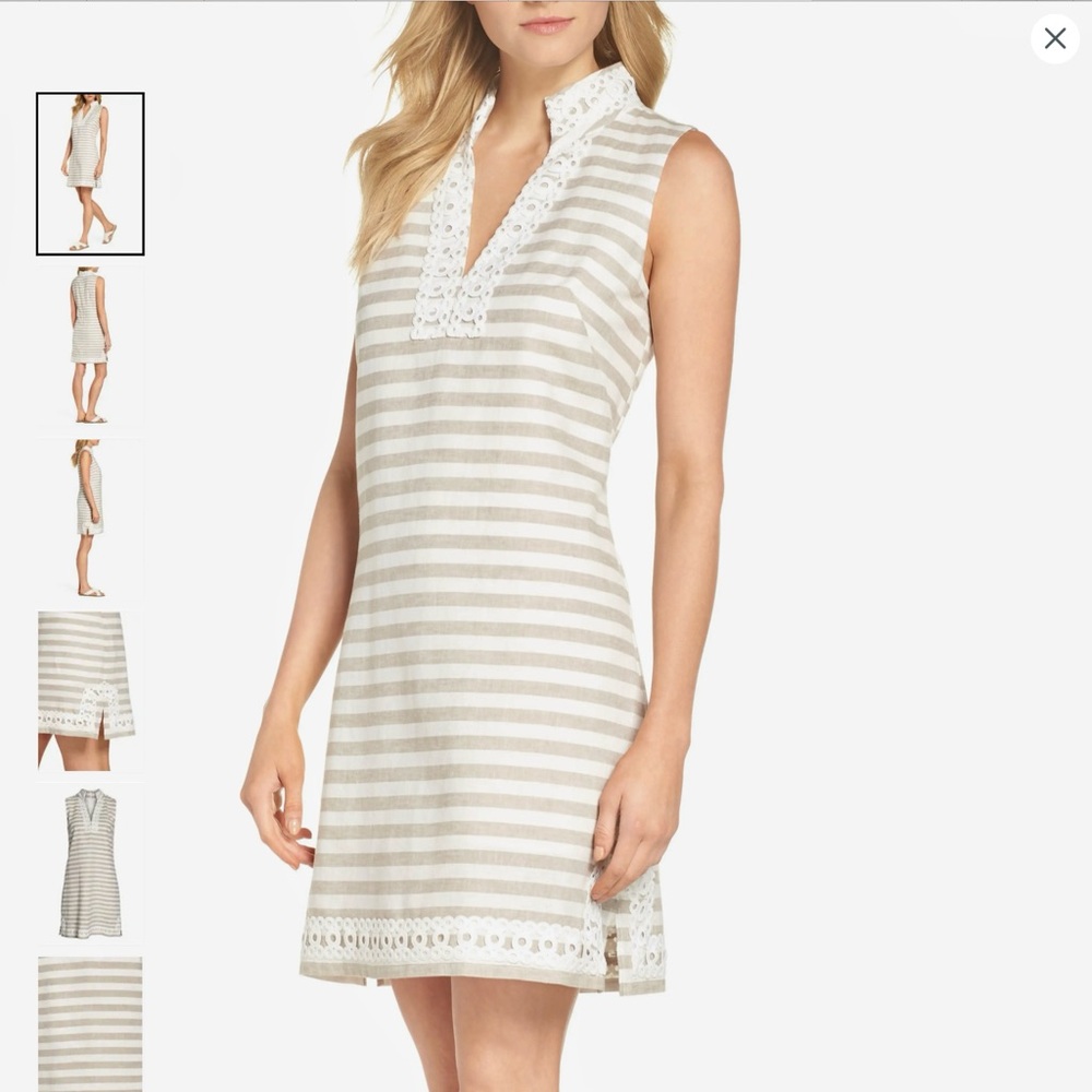 Eliza J Linen Dress NEW size 10  Natural White Striped & Lace Detail